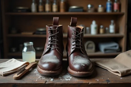 Bottes en cuir marron moisies posées sur un établi avec des produits de nettoyage pour enlever la moisissure