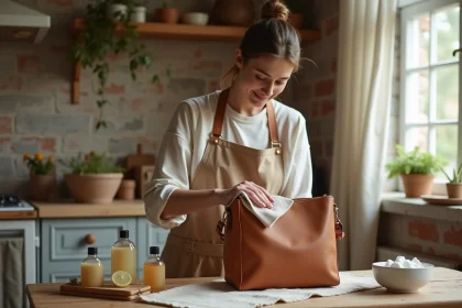 Femme nettoyant un sac en cuir moisi avec un chiffon doux et une solution nettoyante sur une table en bois rustique