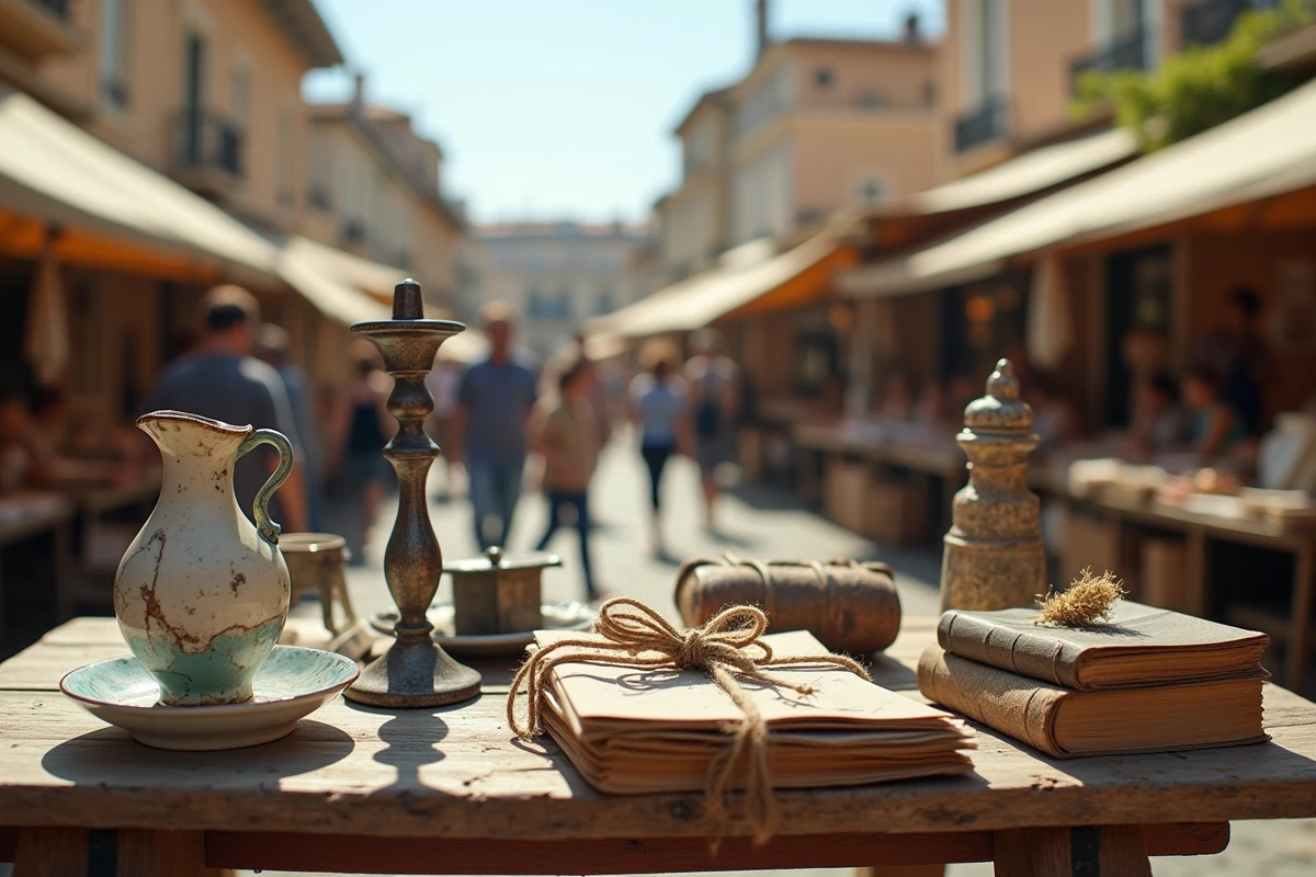 Objets de brocante vintage disposés sur une table en bois : figurine en porcelaine, cartes postales anciennes et bougeoir argenté