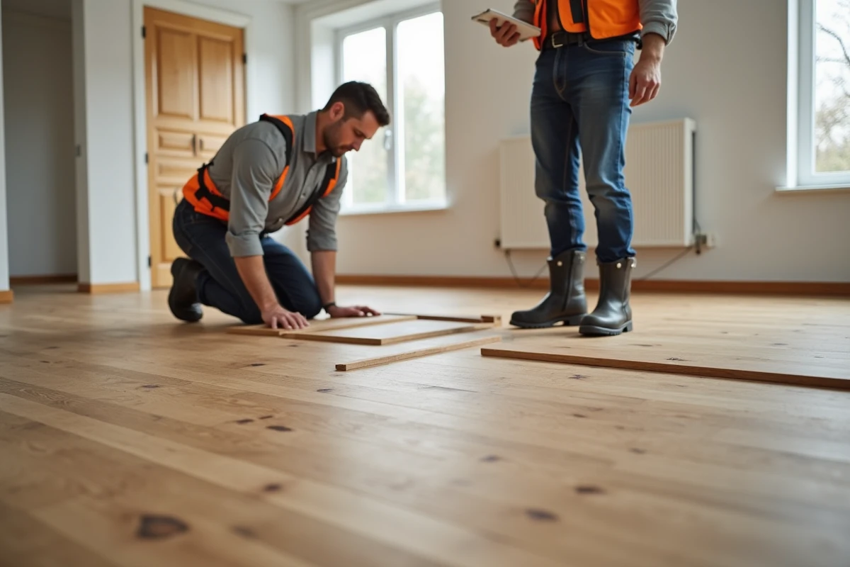 Ouvriers posant un parquet en bois massif dans un salon vide lors de travaux de rénovation avant vente immobilière