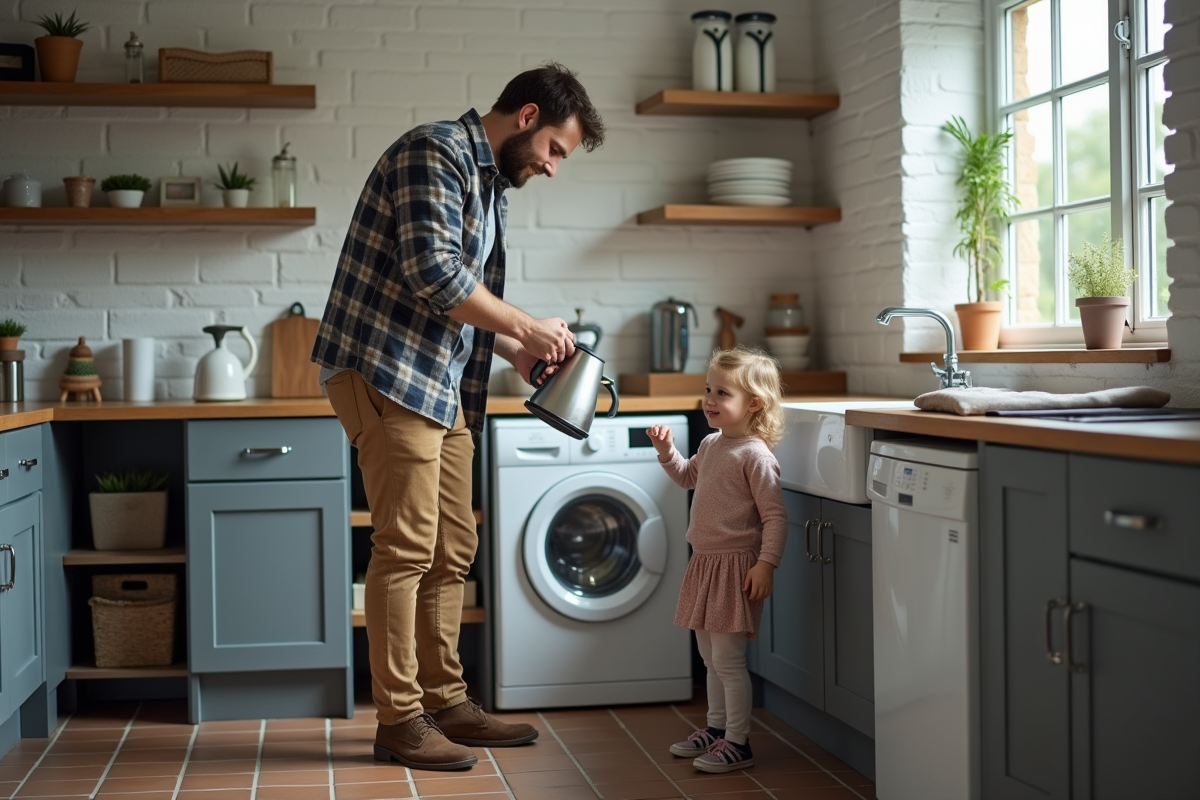 Père remplissant une bouilloire d