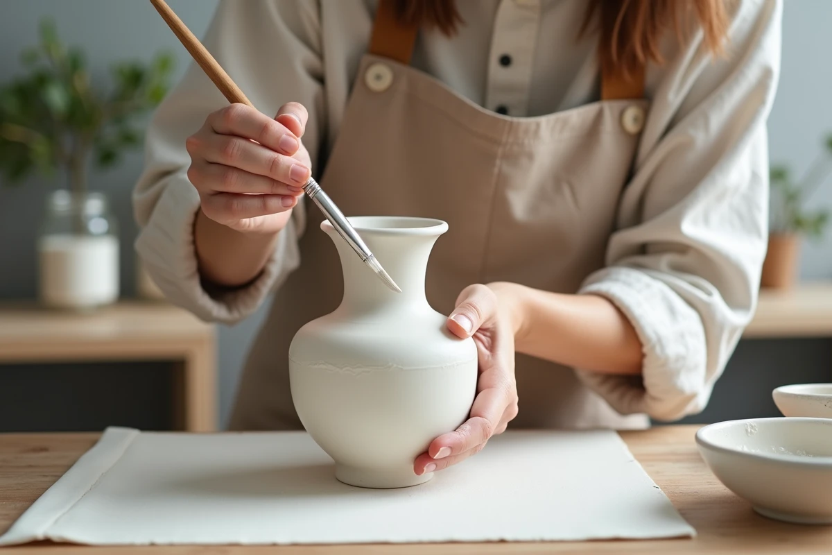 Femme peignant un vase en céramique blanche avec pinceau
