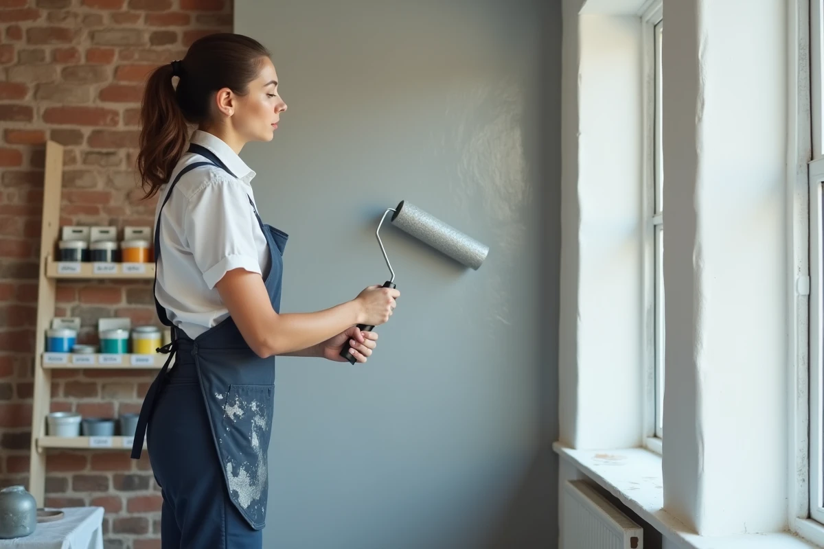Jeune peintre applique la peinture RAL 9006 sur un mur intérieur