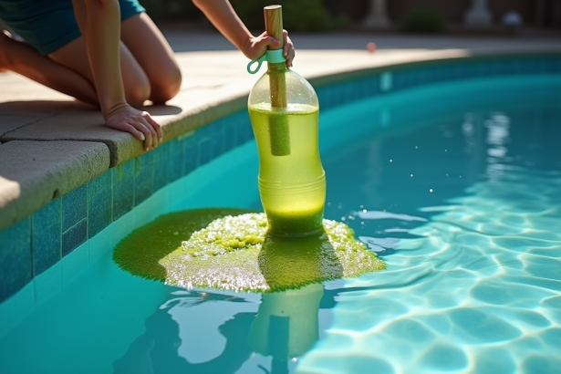 Personne ramassant des algues dans une piscine en plein jour