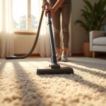Personne aspirant un tapis en laine dans un salon lumineux