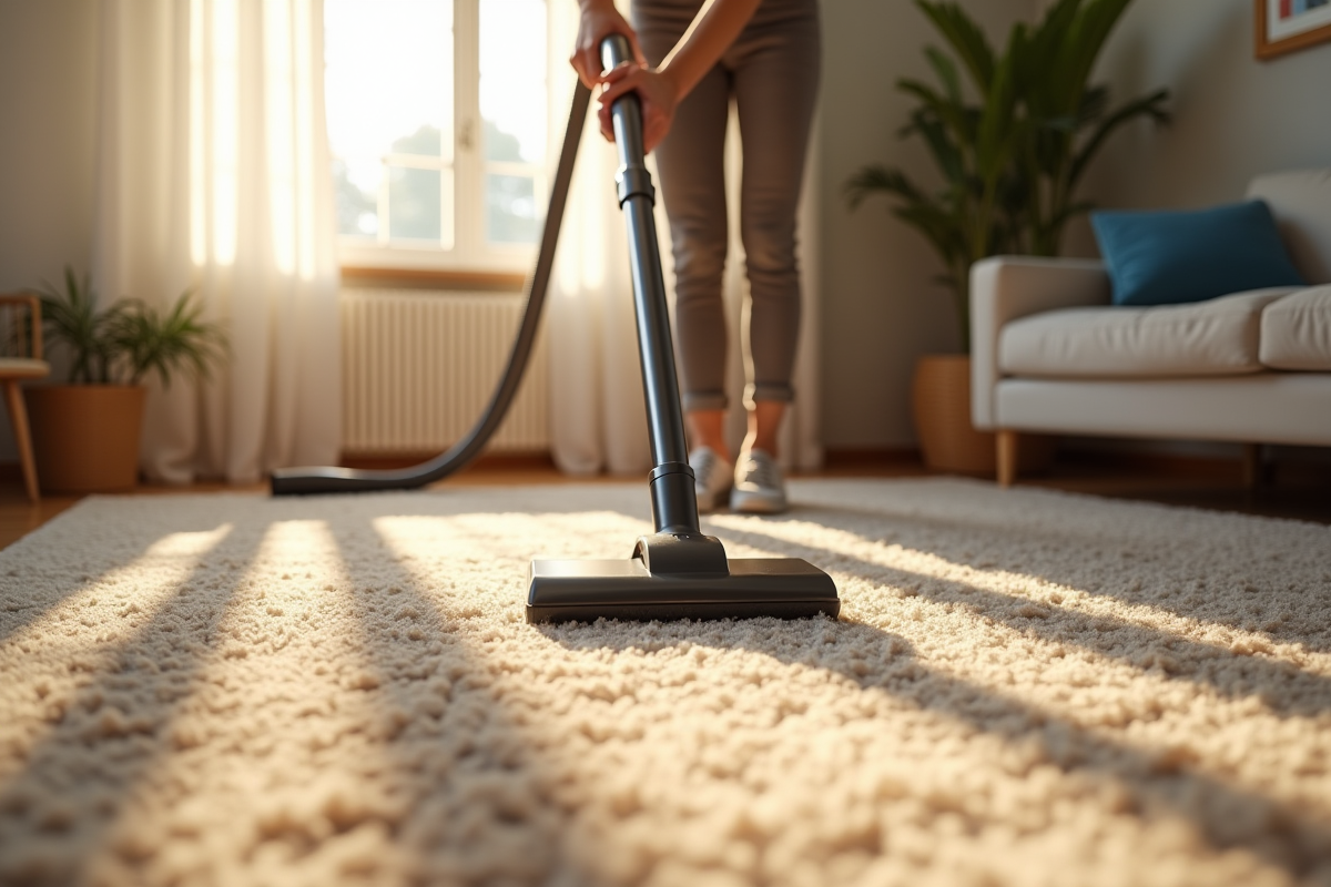 Personne aspirant un tapis en laine dans un salon lumineux