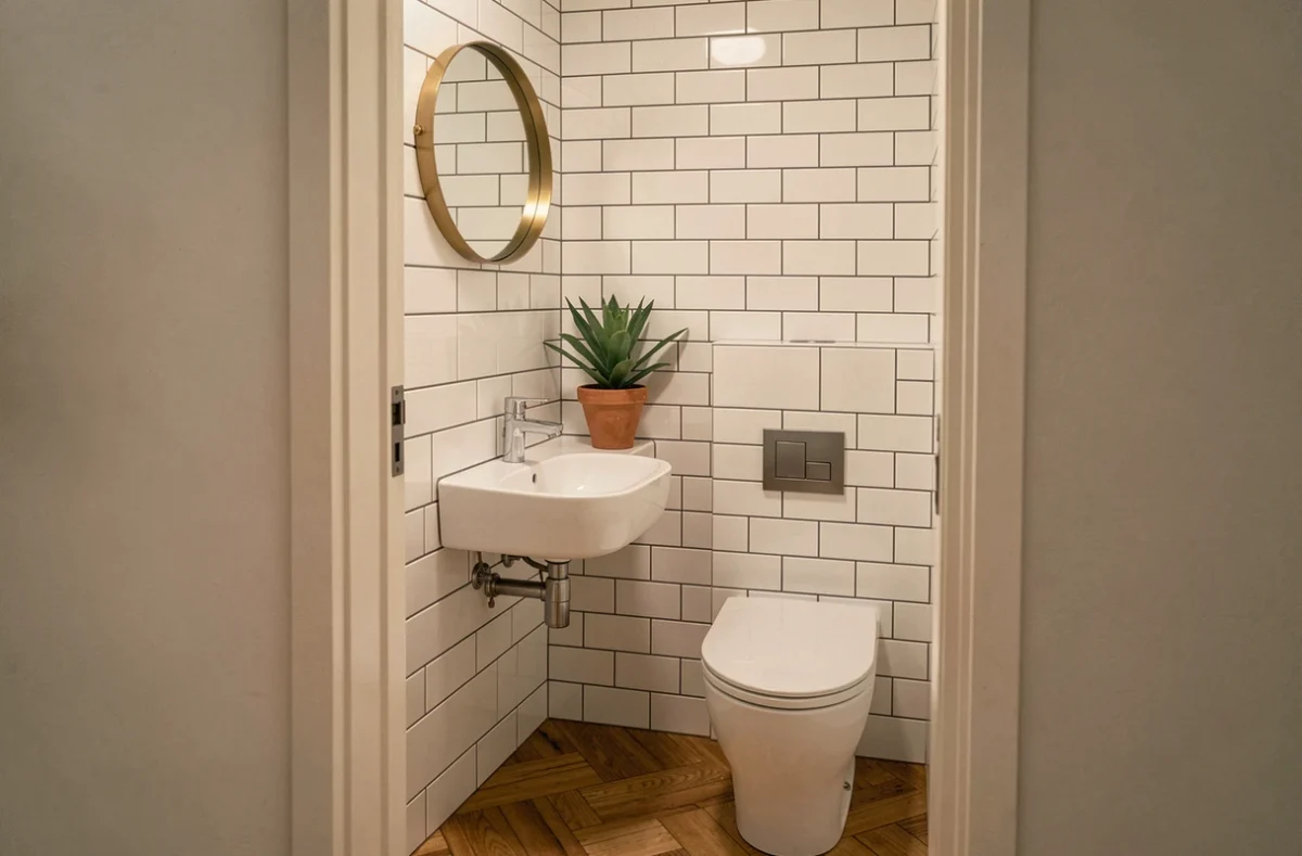 Petite salle d'eau avec lave-main et réservoir apparent au-dessus des WC dans un coin carrelé