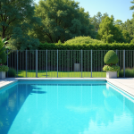 Piscine moderne dans jardin sécurisé avec famille au soleil