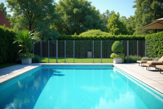 Piscine moderne dans jardin sécurisé avec famille au soleil