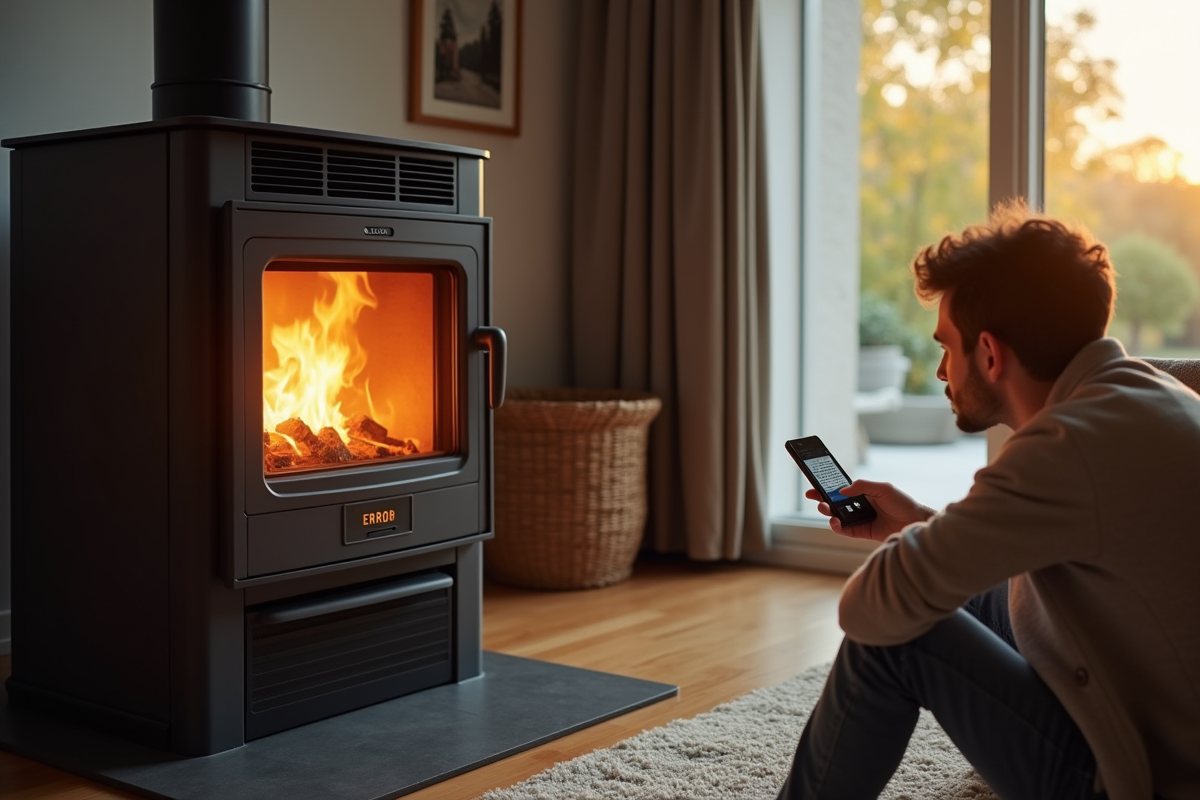 Poêle à pellets moderne dans un salon cosy avec erreur sur l'écran