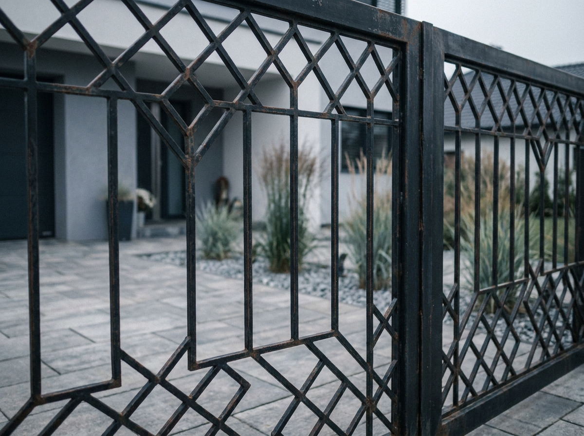 Portail ajouré en fer forgé géométrique laissant voir le jardin et l'allée d'une maison contemporaine