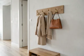 Porte-manteaux mural moderne en bois avec crochets en laiton dans une entrée contemporaine épurée