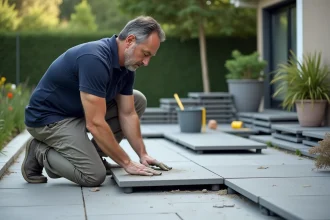 Homme posant une grande dalle en carrelage gris en extérieur