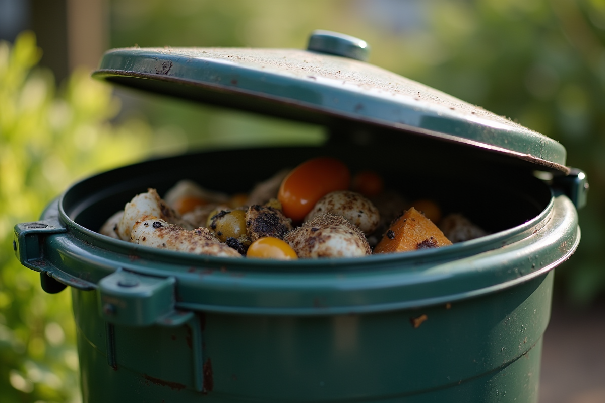 Poubelle extérieure ouverte avec des maggots sur des déchets
