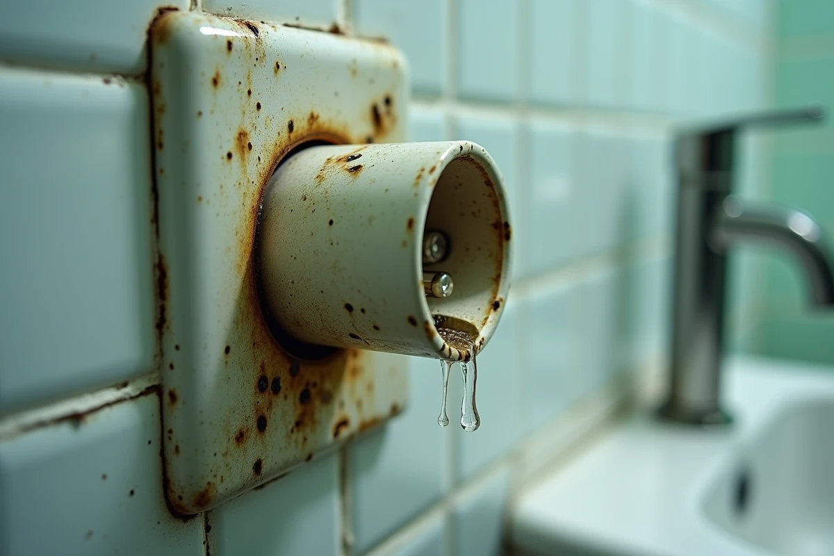 Prise électrique corrodée sur carrelage de salle de bain humide illustrant les risques d'une protection IP insuffisante