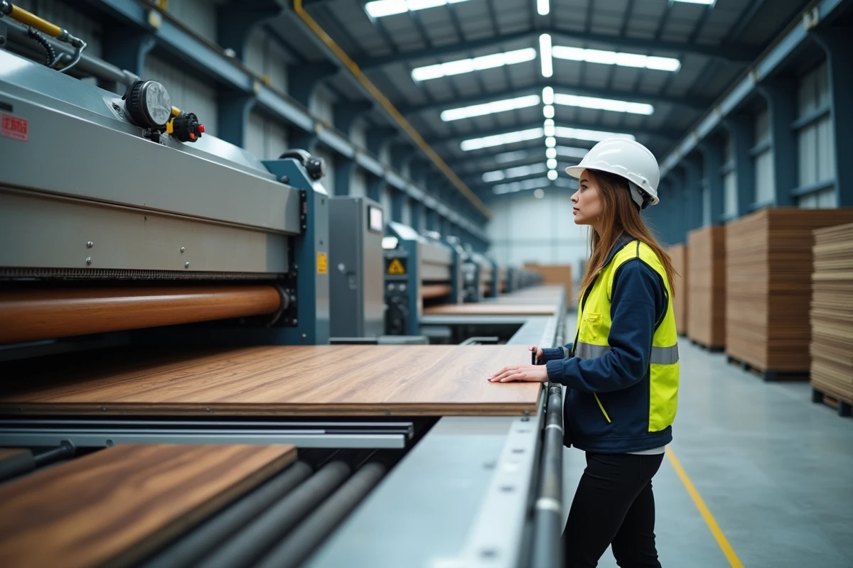 Ligne de production industrielle de placage bois en usine moderne avec technicienne supervisant le processus