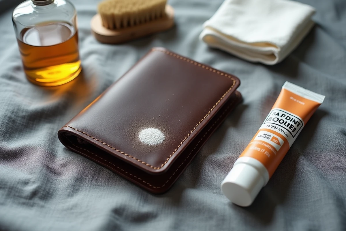 Gros plan d'un portefeuille en cuir moisi posé sur lin gris avec produits de nettoyage et protection du cuir