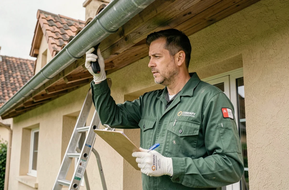 Professionnel de la désinsectisation inspectant les débords de toit d'une maison pour identifier une infestation de chenilles