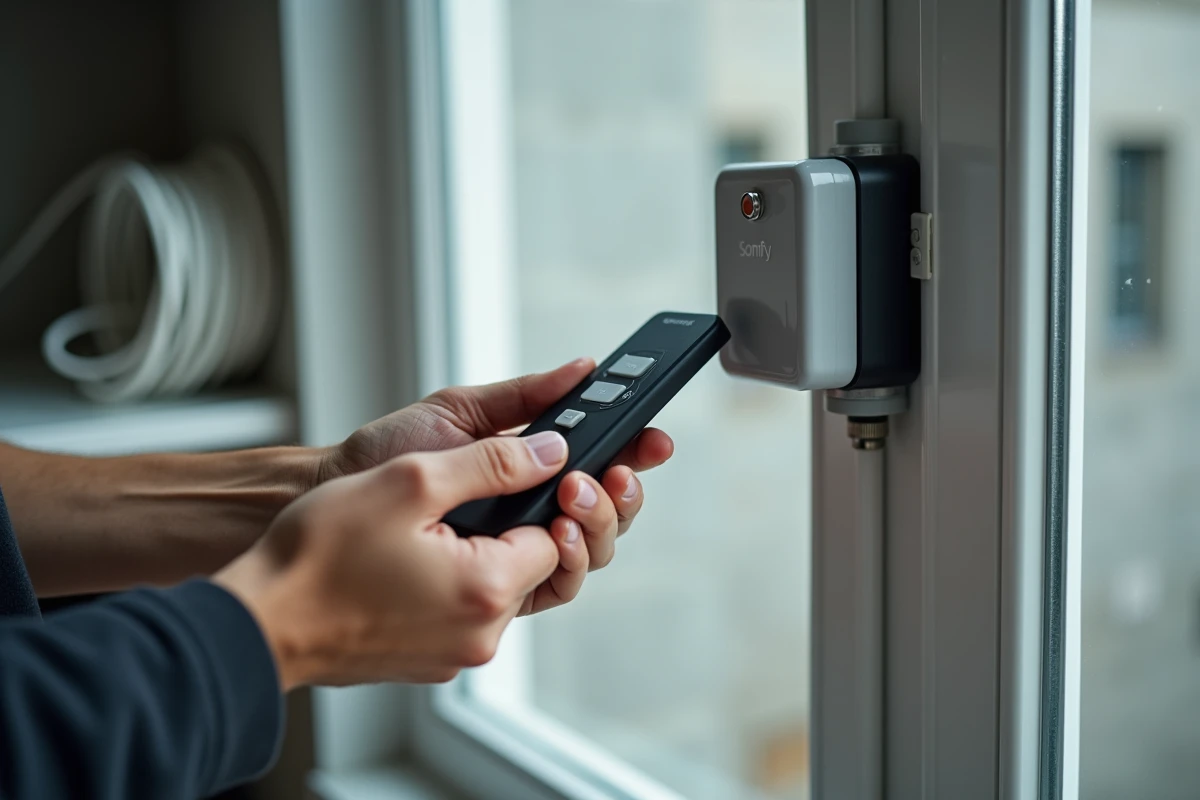 Gros plan sur la programmation d'un récepteur de télécommande Somfy après une coupure de courant