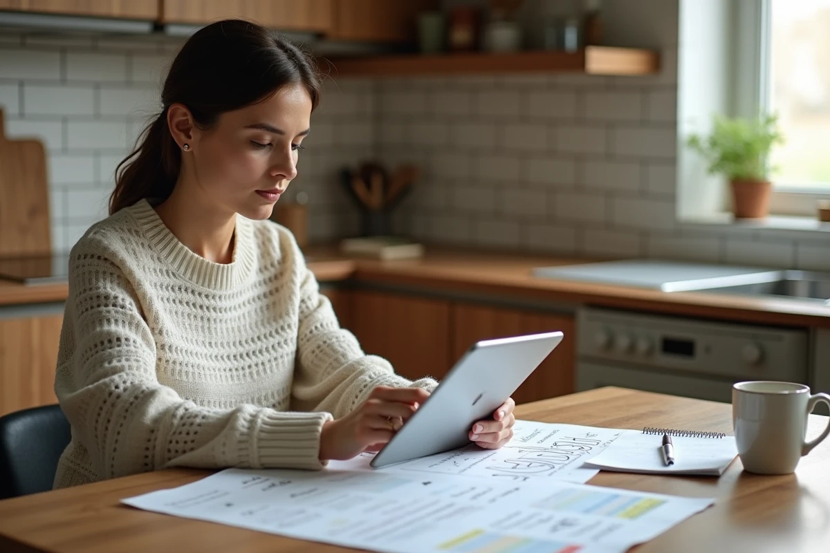 Propriétaire comparant des offres de devis travaux reçues via une plateforme en ligne sur tablette