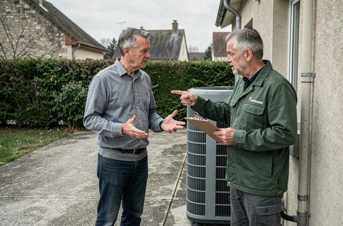 Propriétaire et technicien Eco Habitat Energie discutant d'une installation de pompe à chaleur avec un désaccord apparent