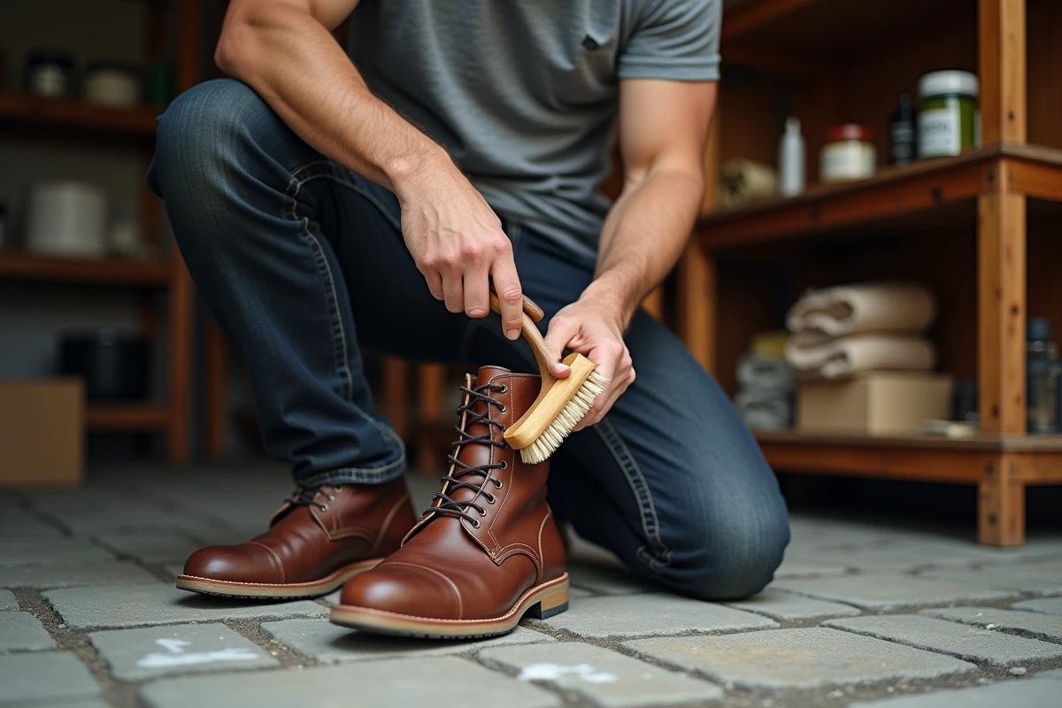 Homme appliquant une cire protectrice sur des bottes en cuir moisies dans un atelier pour les protéger de l'humidité