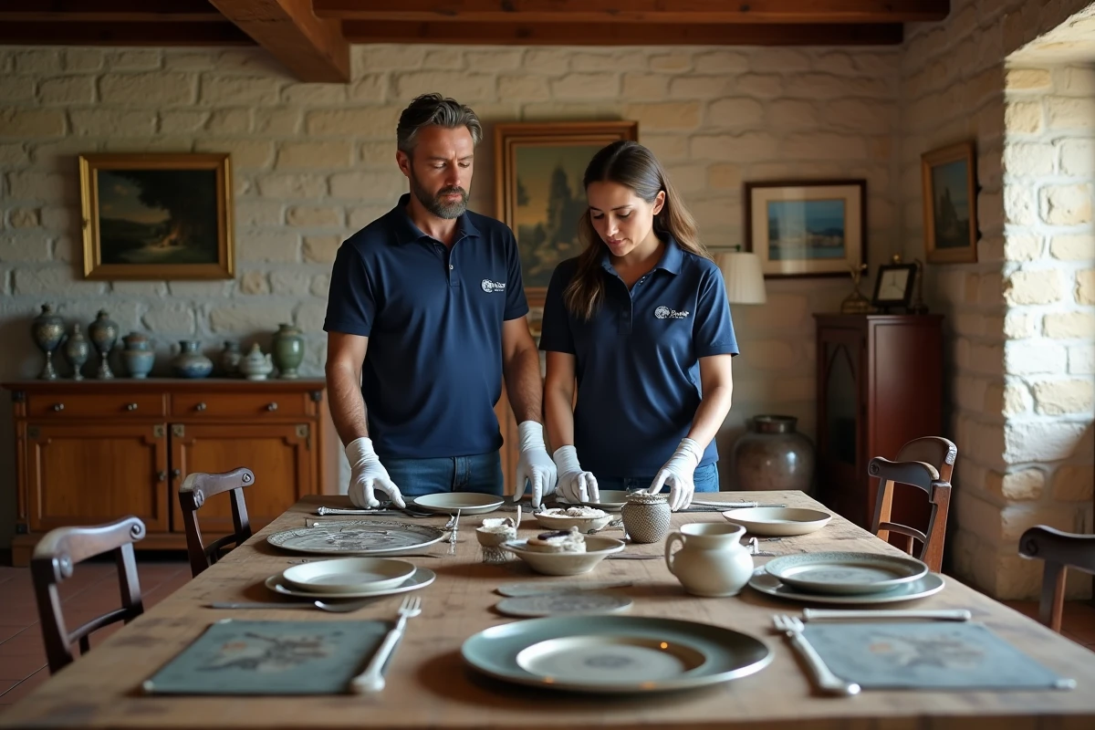 Deux professionnels du rachat d'objets évaluant des antiquités lors d'un débarras de maison