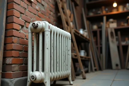 Radiateur en fonte d'occasion exposé dans un magasin de matériaux anciens récupérés, avec mur en briques apparentes et sol en béton