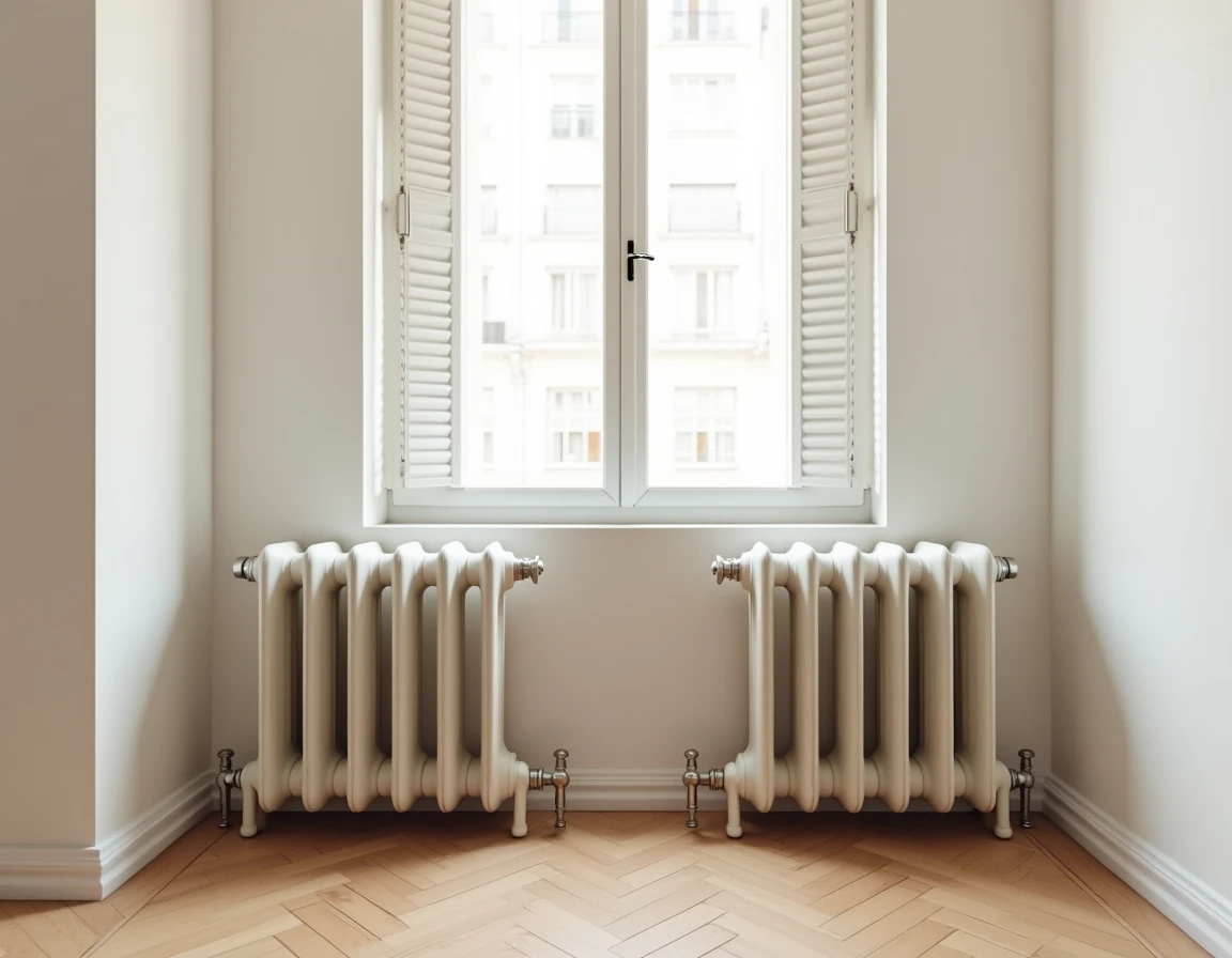 Deux radiateurs en fonte d'occasion rénovés installés sous une fenêtre dans un appartement haussmannien avec parquet en chevrons