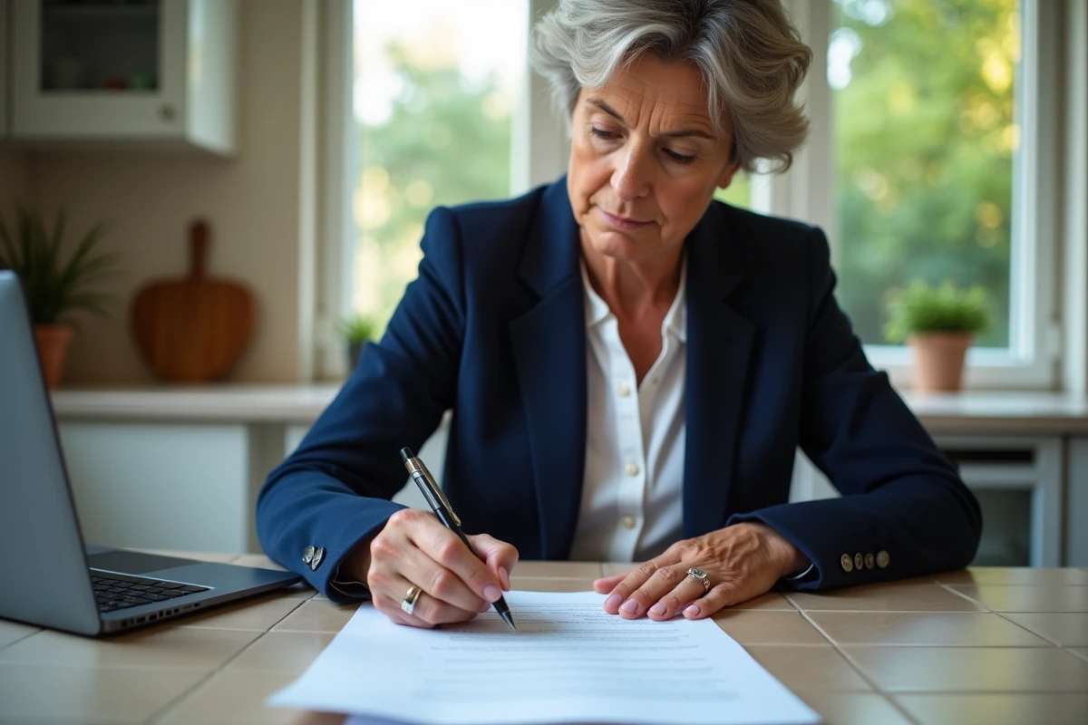 Femme rédigeant une lettre de mise en demeure pour non-respect du PLU relatif à une clôture mitoyenne