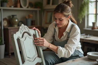 Femme restaurant une chaise en bois vintage dans un atelier lumineux