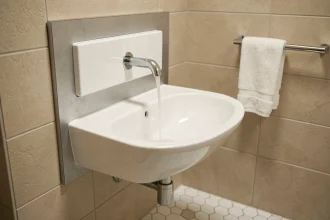 Réservoir lave-main WC intégré dans une petite salle d'eau avec carrelage gris matte et robinet chromé