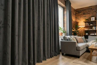 Salon cosy avec rideaux occultants gris anthracite sol en bois clair style scandinave