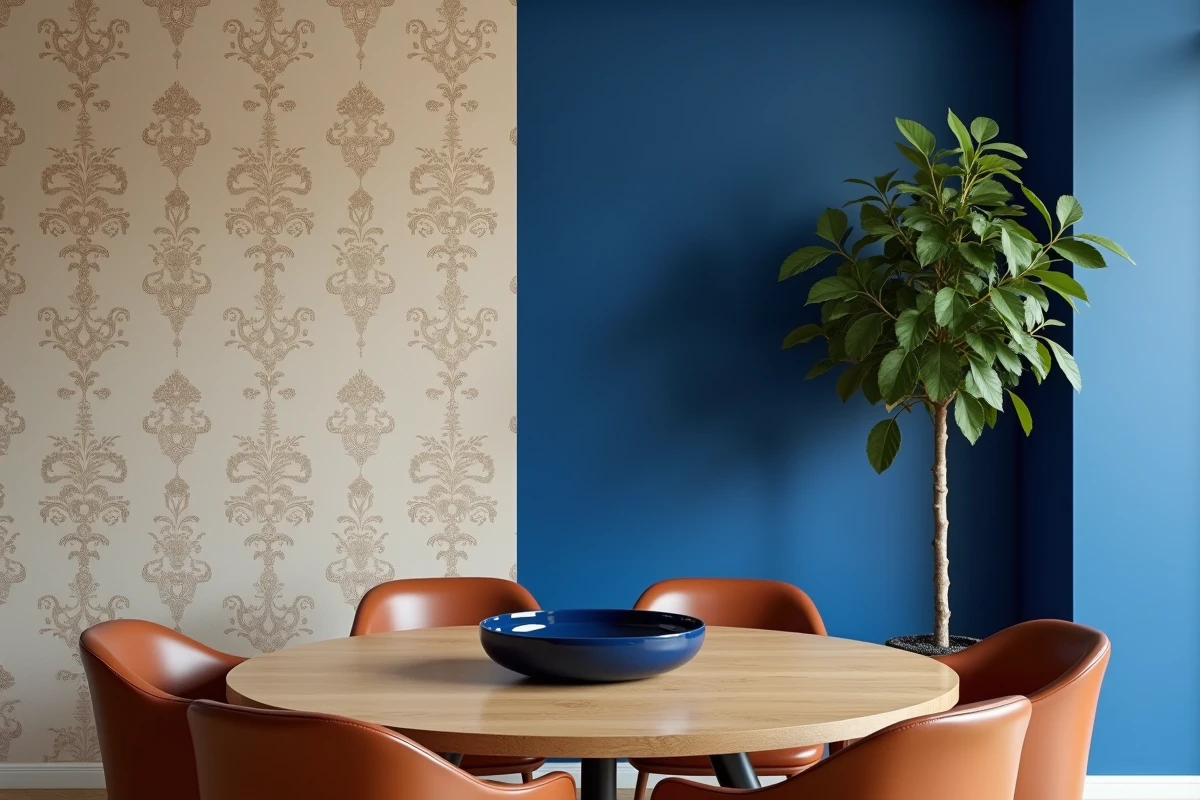 Salle à manger avec papier peint beige damassé associé à un mur bleu cobalt et des chaises en cuir cognac