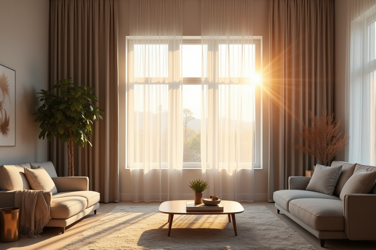 Salon moderne lumineux avec grande fenêtre et rideaux occultants