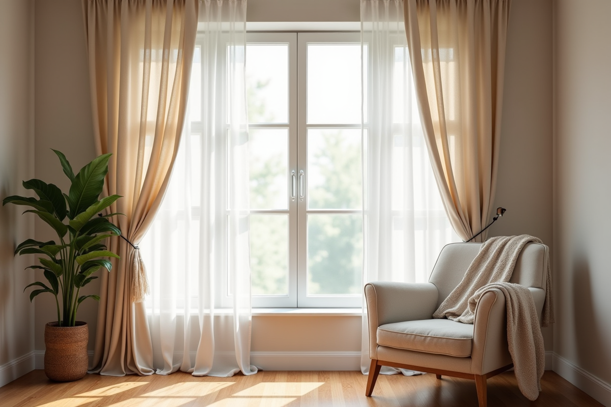 Salon cosy avec grande fenetre beige et fauteuil moelleux