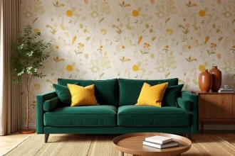Salon moderne avec papier peint motif beige associé à un canapé velours vert forêt et des accessoires en terracotta
