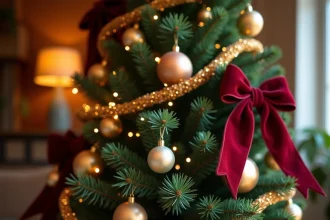 Détail de sapin de Noël décoré avec guirlandes dorées, rubans en velours bordeaux et boules en verre soufflé