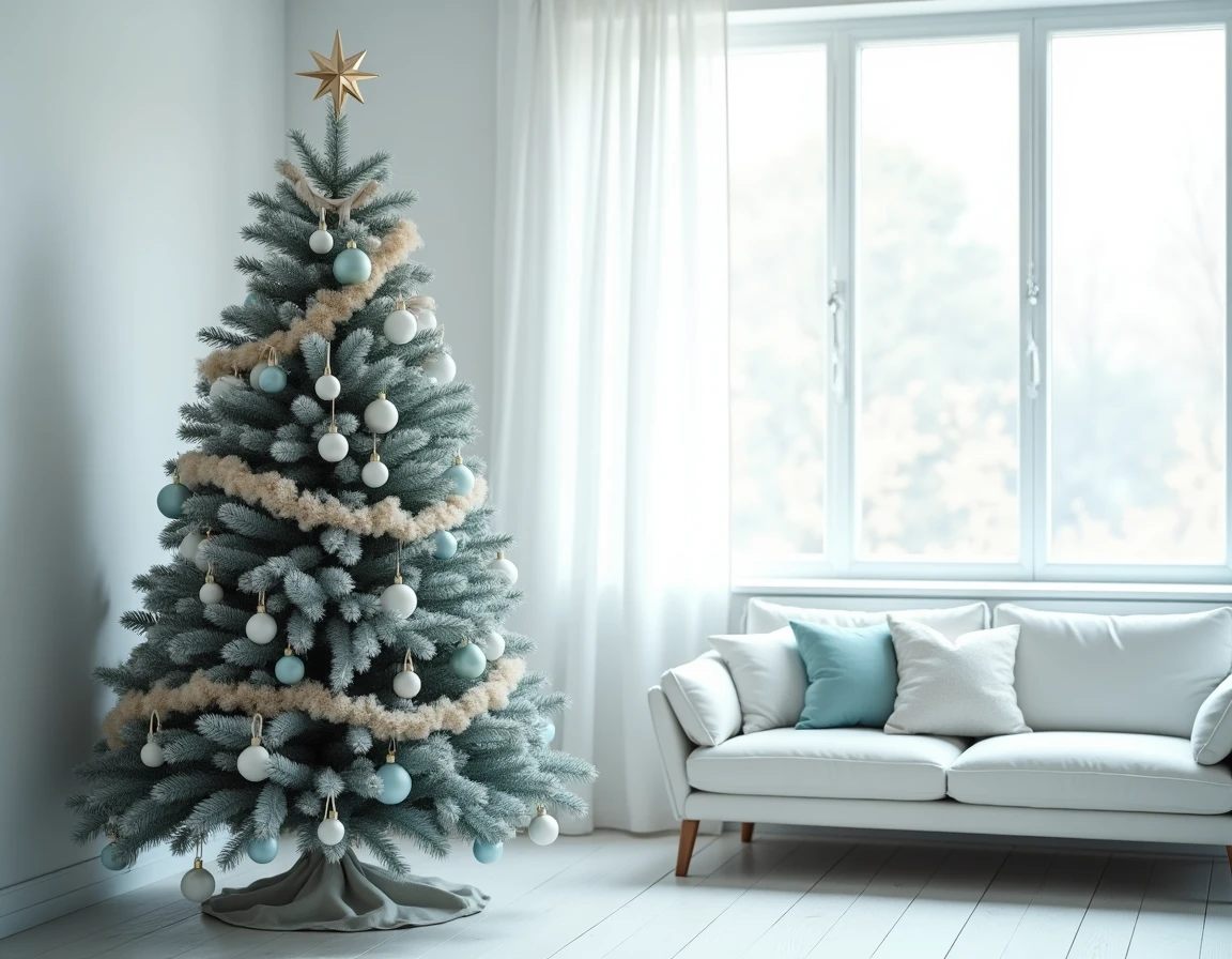Sapin de Noël entier style scandinave avec guirlandes perles argent, boules blanches et rubans en lin naturel