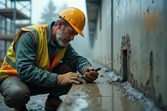 Ouvrier effectuant un scellement chimique sur béton humide par temps de pluie et froid en extérieur