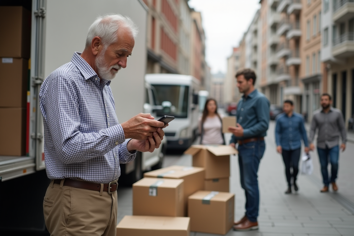 Homme agee consultent calendrier sur smartphone lors du demenagement