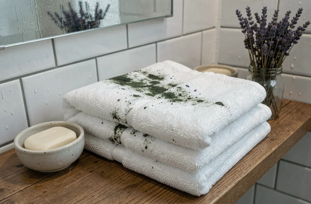 Gros plan sur des serviettes de bain empilées avec des taches de moisissure sur une étagère de salle de bain