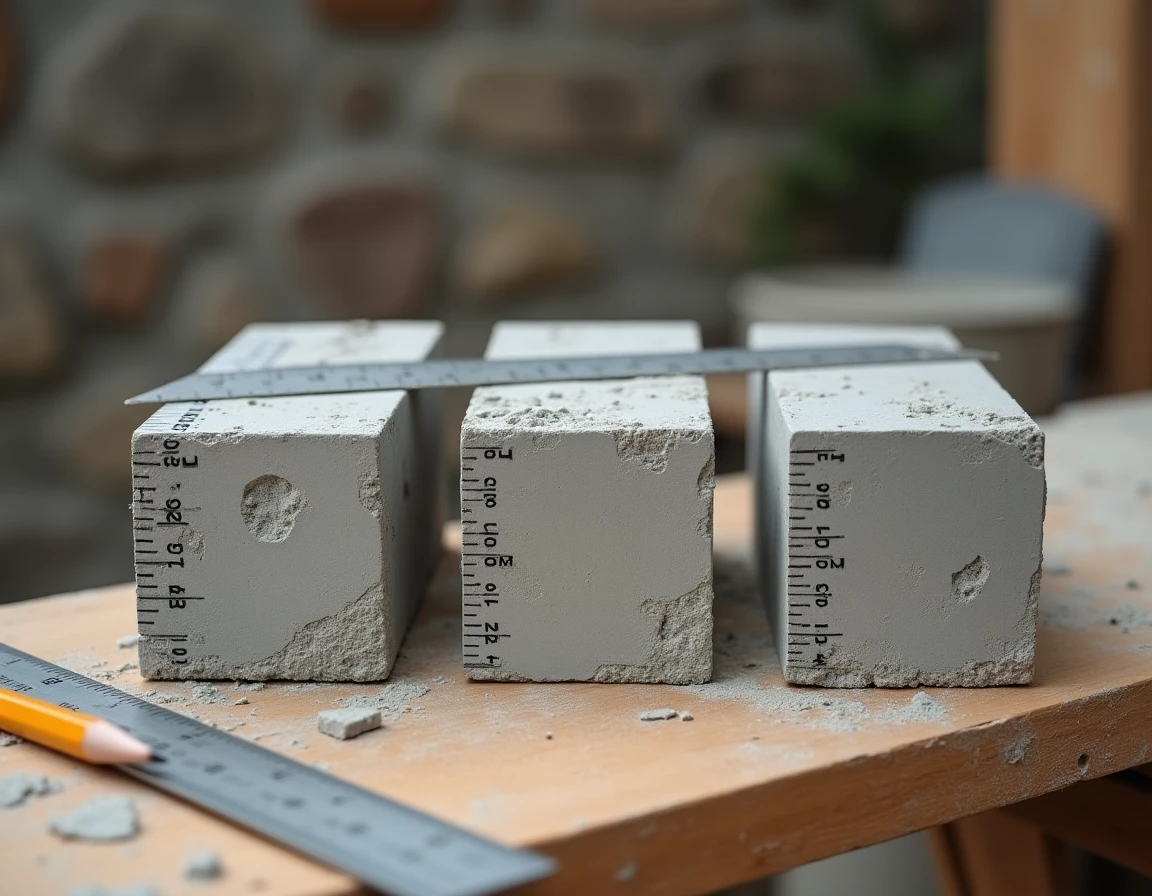 Comparaison de trois tailles de parpaings avec règle métallique sur établi de chantier