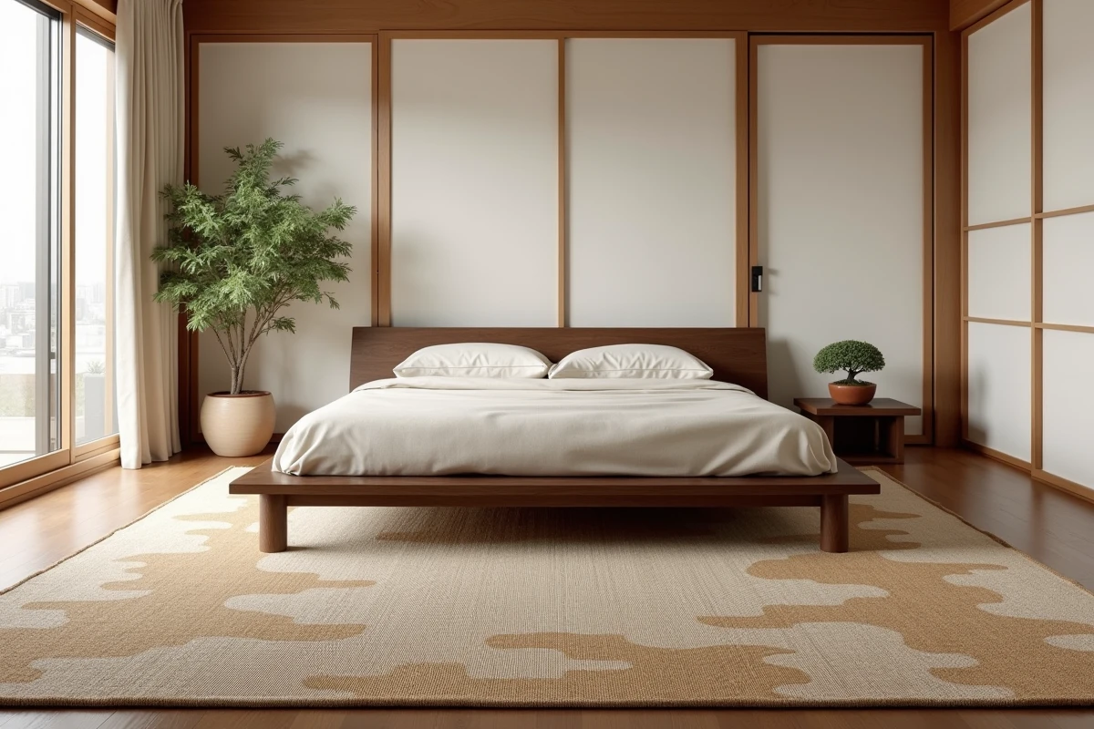 Tapis japonisant en jute et laine sous lit plateforme en noyer dans une chambre zen avec panneaux shoji
