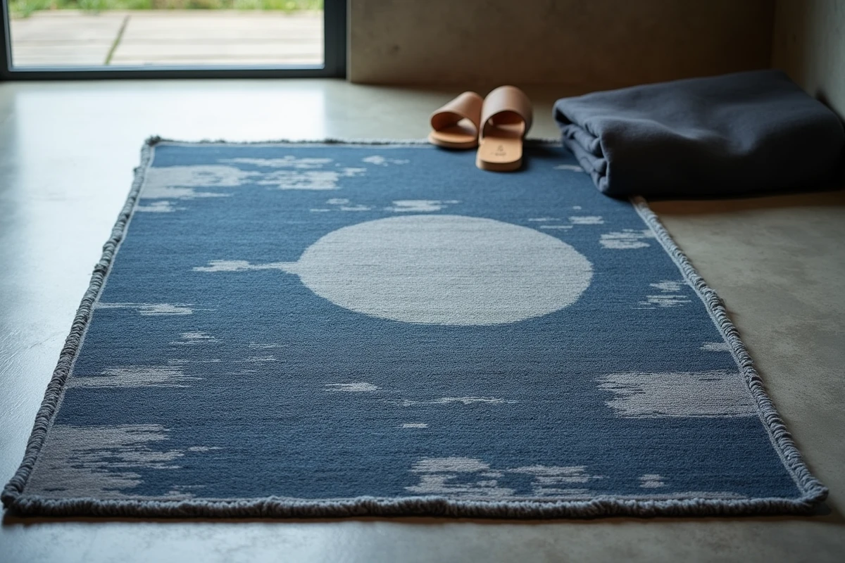 Gros plan sur un tapis japonisant en laine et coton à motif indigo posé sur béton avec sandales en bois