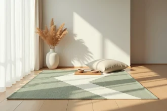 Tapis japonisant en vert sauge et ivoire dans un salon minimaliste zen avec coussin en lin et vase céramique