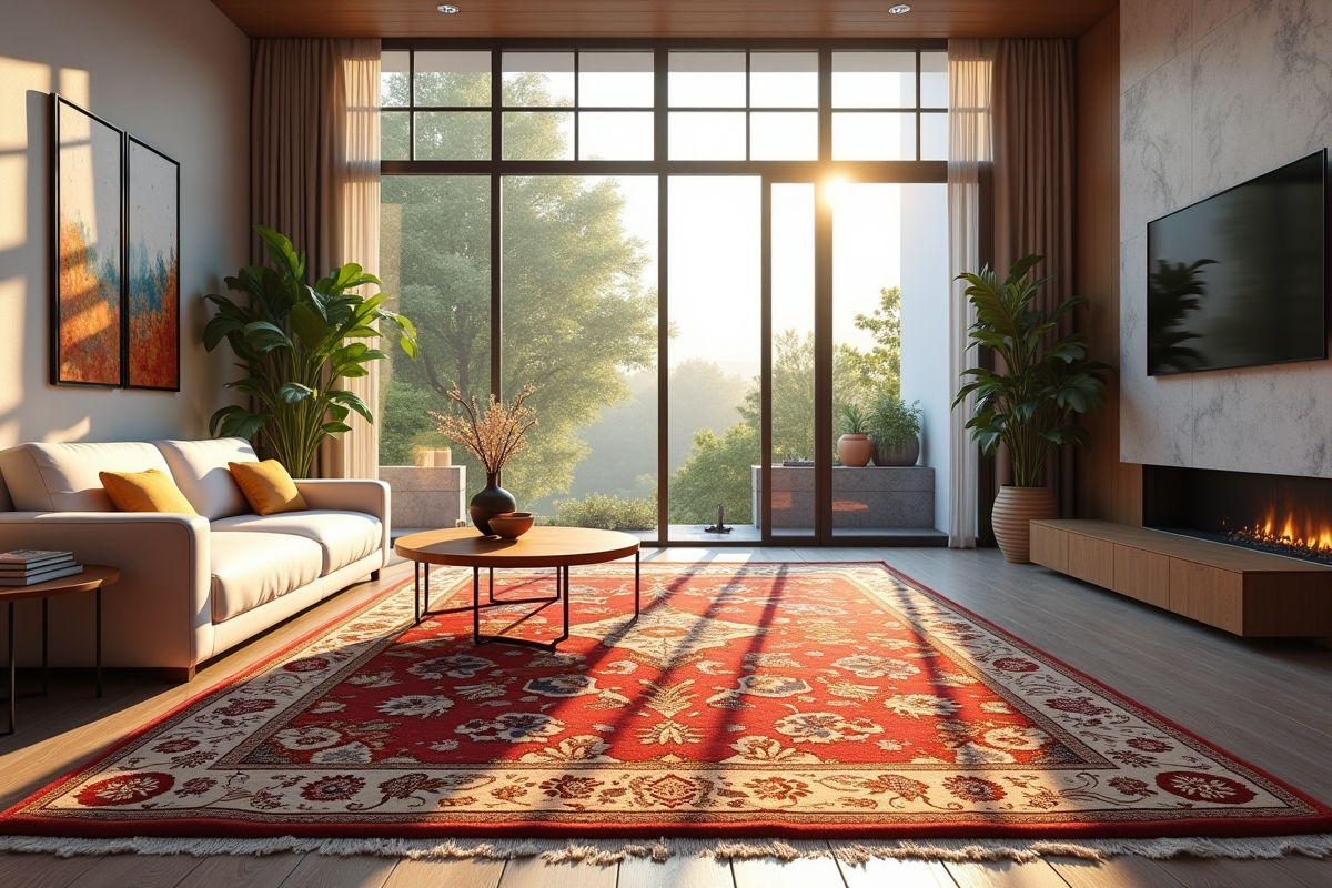 Tapis persan luxueux dans un salon moderne ensoleille