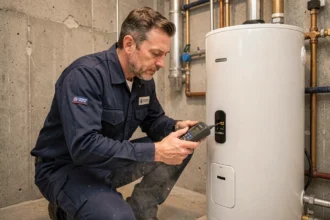 Technicien inspectant un chauffe-eau dans une buanderie résidentielle avec des outils professionnels