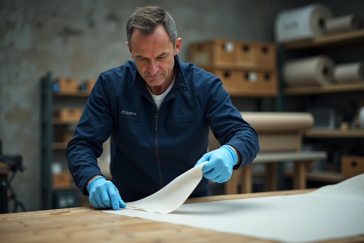 Technicien en atelier alignant un panneau de fibre couture