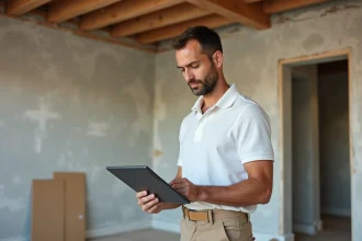 Technicien en rénovation immobilière tenant une tablette avec les plans de travaux dans un salon en cours de rénovation avant une vente